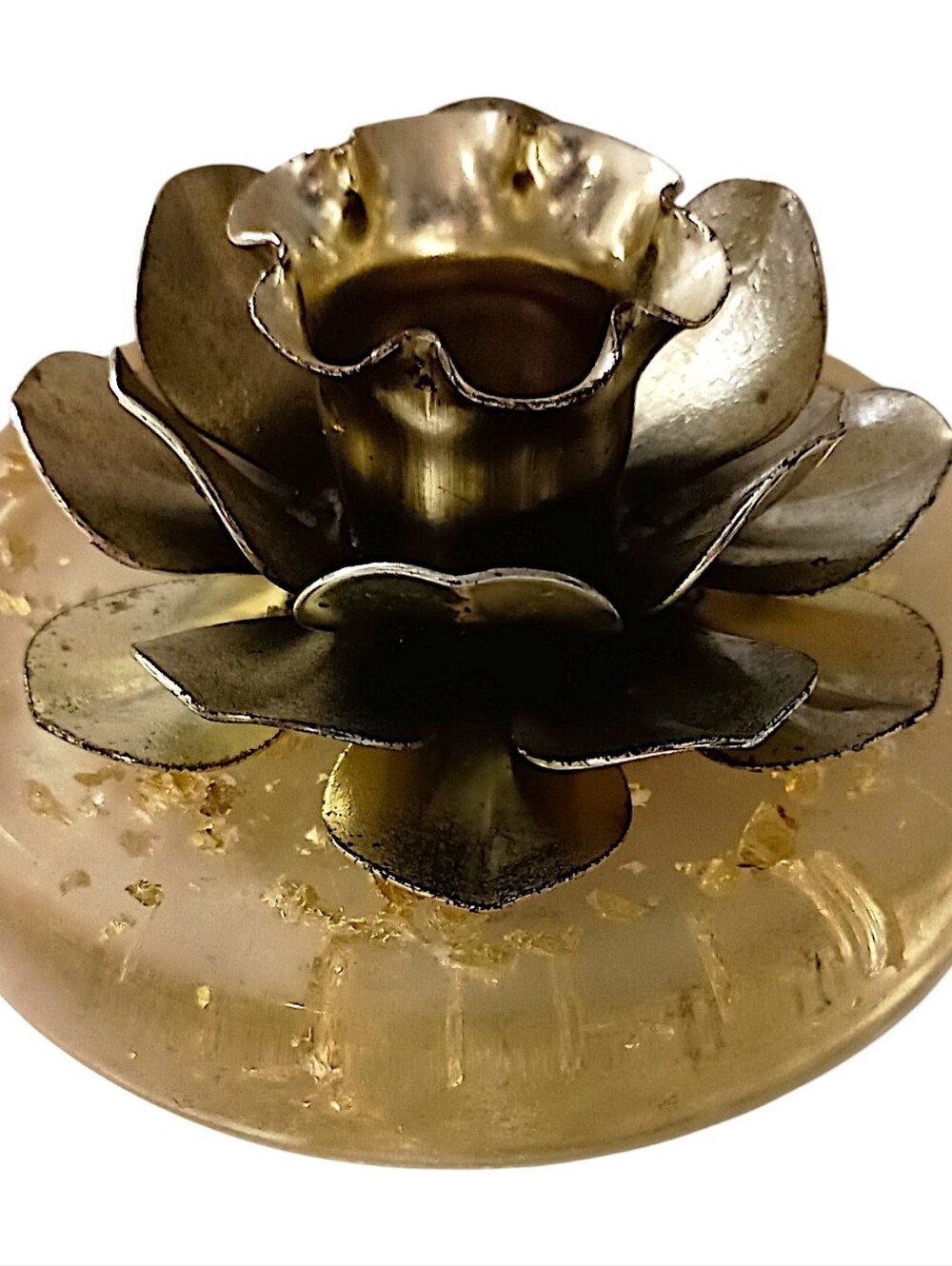 Vintage Lucite Brass Flower Candle Holder Gold Fleck MCM Hollywood Regency Decor